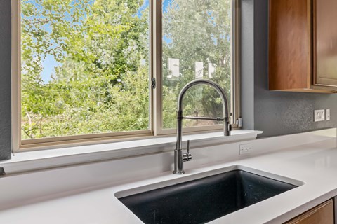 A kitchen sink with a faucet and a window overlooking trees.