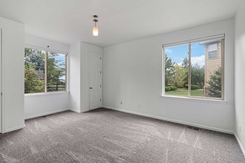 A spacious room with a grey carpet and two windows.