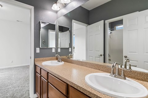 A bathroom with a sink, mirror, and lighting fixture.
