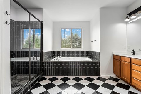 A black and white checkered floor in a bathroom.