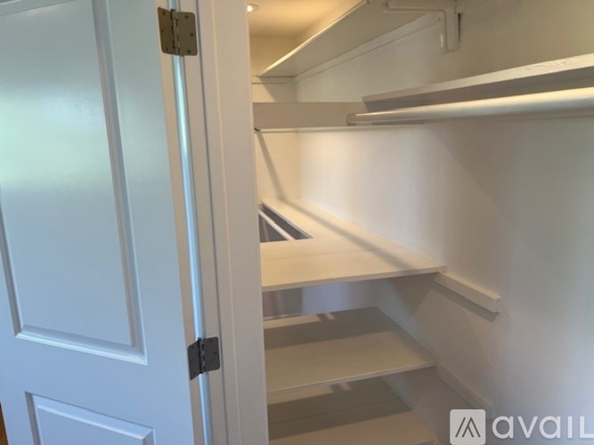 A white door is open to a white pantry.