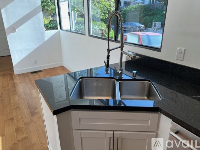 A modern kitchen with a double sink and a window overlooking the backyard.