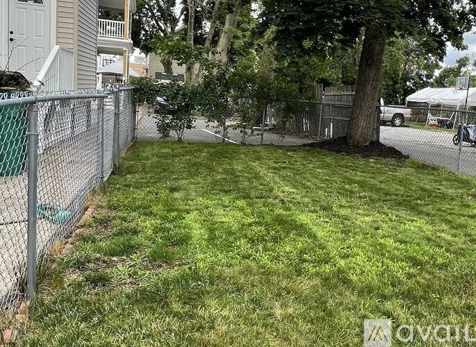 A backyard with a fence and a tree.