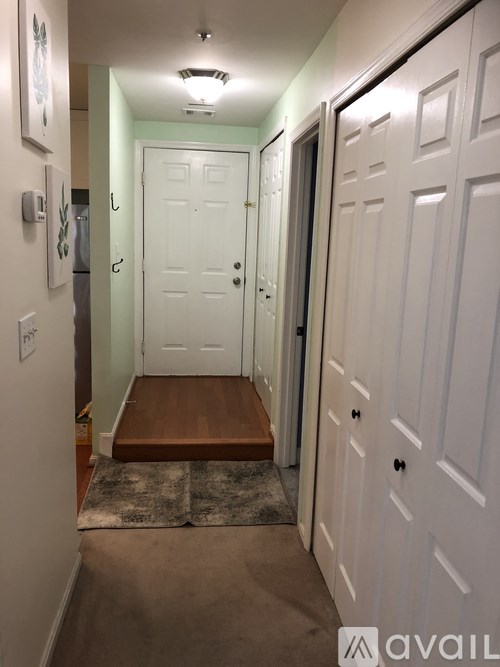 A hallway with a white door and a rug on the floor.