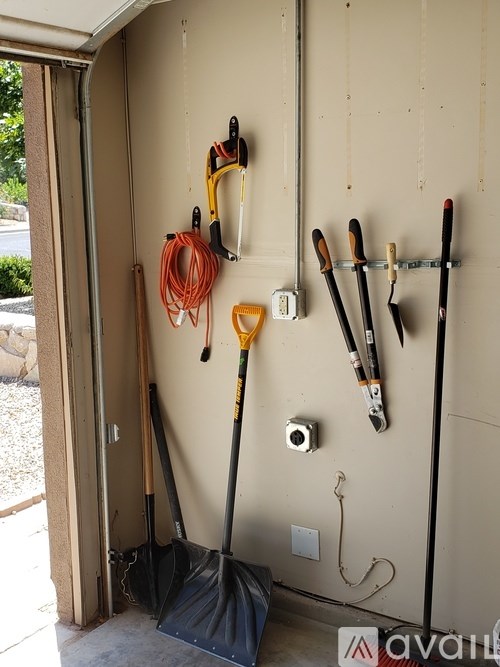 A wall of tools including shovels and a rake are hung on a wall.