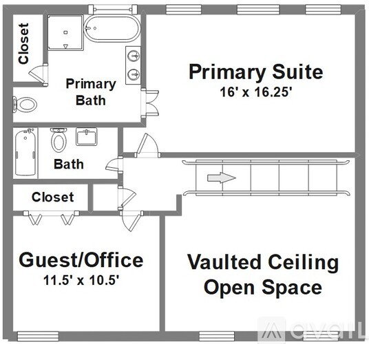 A floor plan shows a primary suite with a bath and a guest/office area.