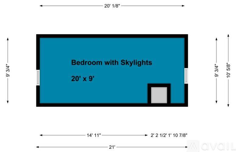 A blue bedroom with skylights is shown in the diagram.