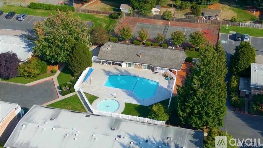 A swimming pool is surrounded by a grassy area and trees.