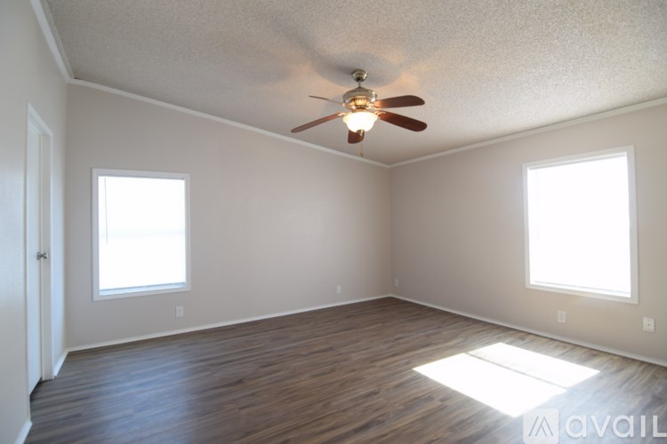 A room with a ceiling fan and two windows.