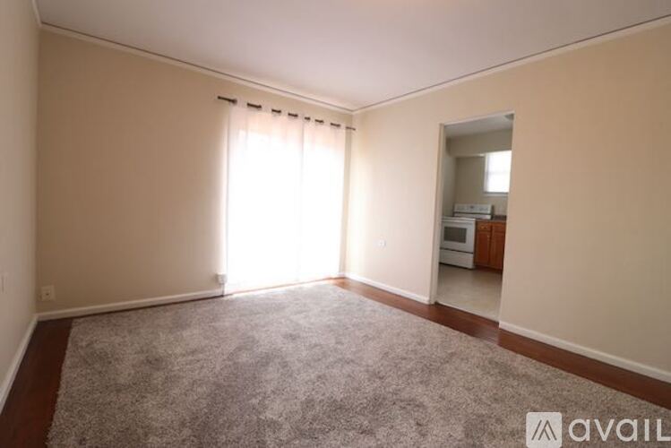 A room with a carpeted floor and a window with curtains.