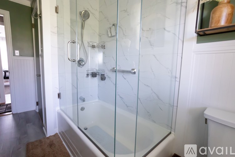 A bathroom with a glass shower enclosure and a brown rug on the floor.