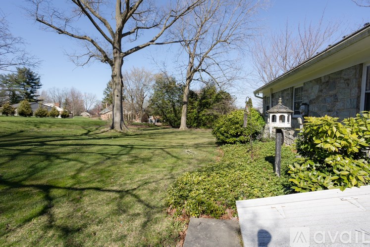 A tree in a yard with a house in the background.
