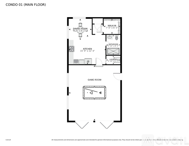 A floor plan of Condo 01 showing a kitchen, dining room, living room, and bathroom.