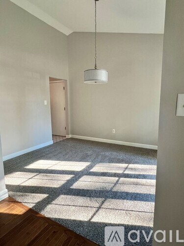 A room with a rug on the floor and a light hanging from the ceiling.