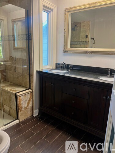A bathroom with a walk-in shower and a vanity with a mirror above it.