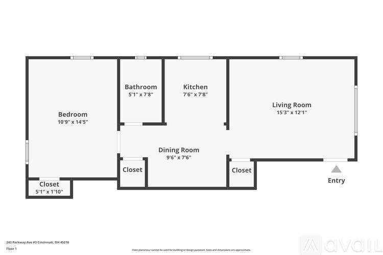 A floor plan of a one bedroom apartment with dimensions.