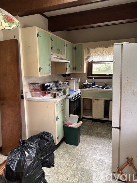 A kitchen with green cabinets and a white refrigerator.