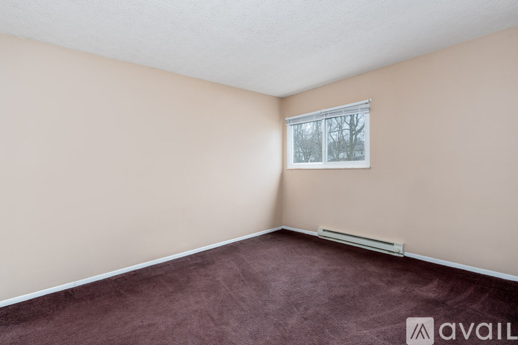 A room with beige walls, a window, and a carpeted floor.