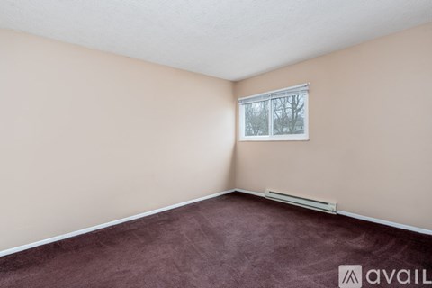 A room with beige walls, a window, and a carpeted floor.