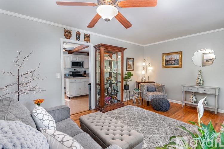 A living room with a grey couch and a white rug.