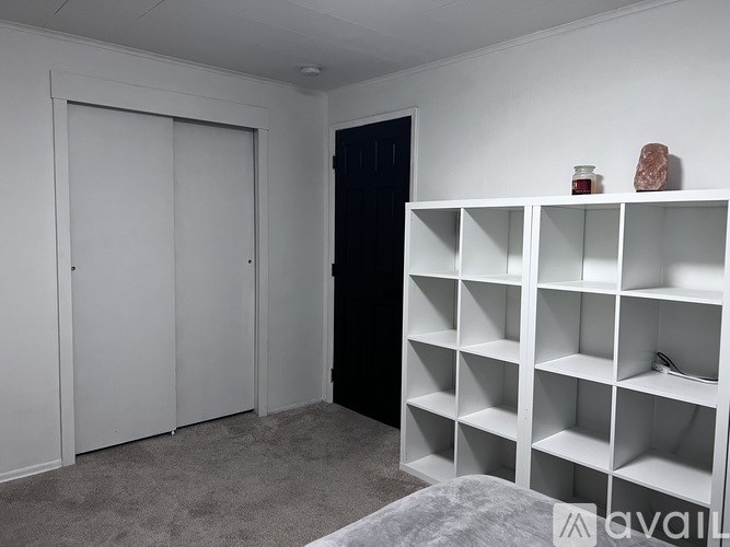 A room with a white shelving unit and a black door.