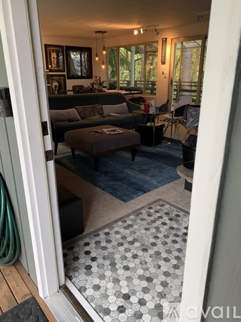 A living room with a grey couch and a patterned rug.