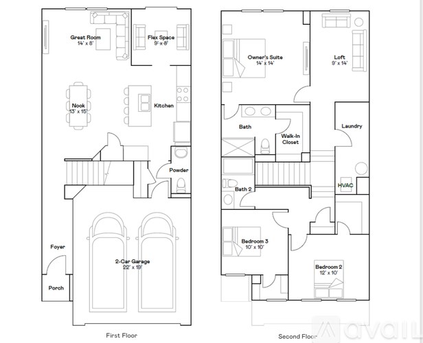 A floor plan of a two-story house with labeled rooms.