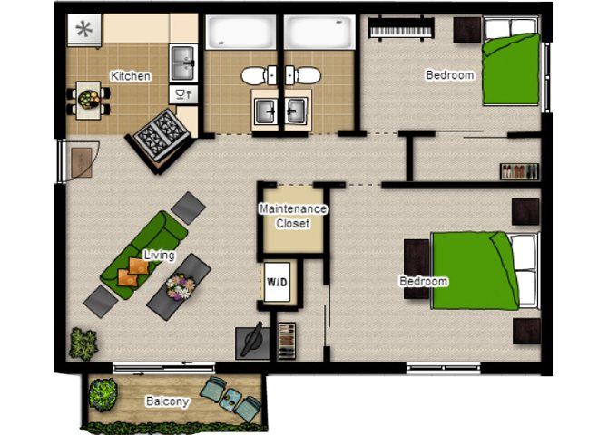Two Bedroom with Two Baths Floor Plan Two Bedroom with Two Baths Floor Plan at Eco Park, DeKalb, 60115