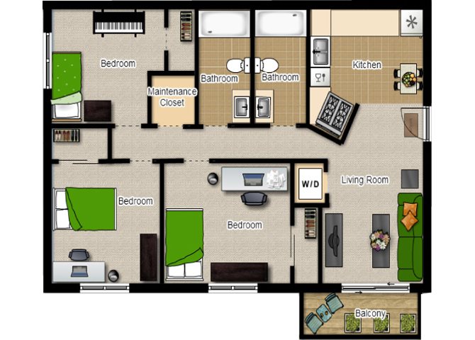 Three Bedroom with Two Baths Three Bedroom with Two Baths Floor Plan at Eco Park, DeKalb, Illinois