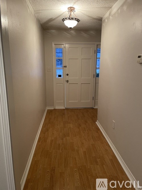 A hallway with a wooden floor and a white door.