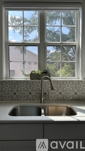 A kitchen sink under a window with a plant on the counter.