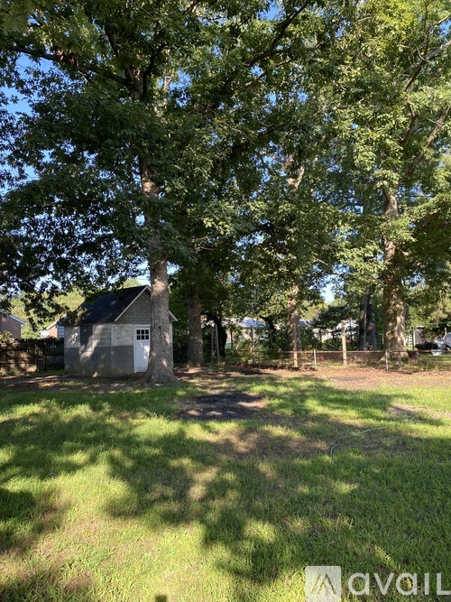 A tree-filled yard with a small building in the background.