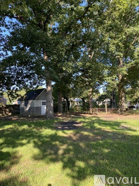 A tree-filled yard with a small building in the background.
