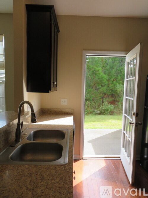 A kitchen with a sink and a black cabinet.
