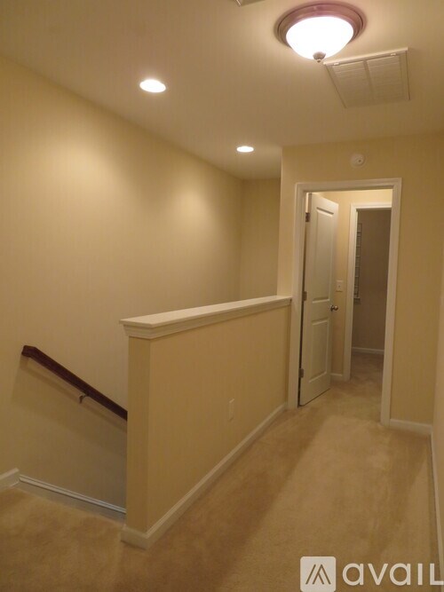 A hallway with a door and a wall on the left.