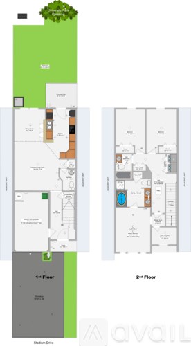 A floor plan of an apartment with two bedrooms and two bathrooms.