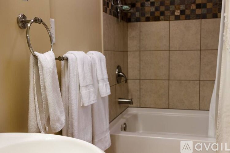 A bathroom with a tub, towel rack, and a shower curtain.