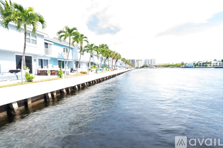 A row of palm trees line a dock in front of a row of houses.