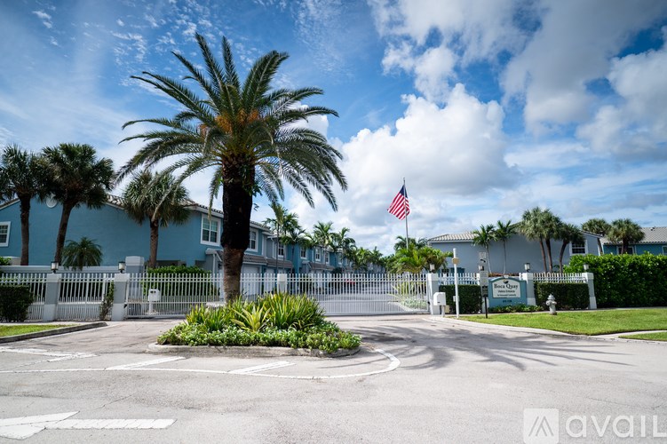 A palm tree stands in front of a building with an American flag.