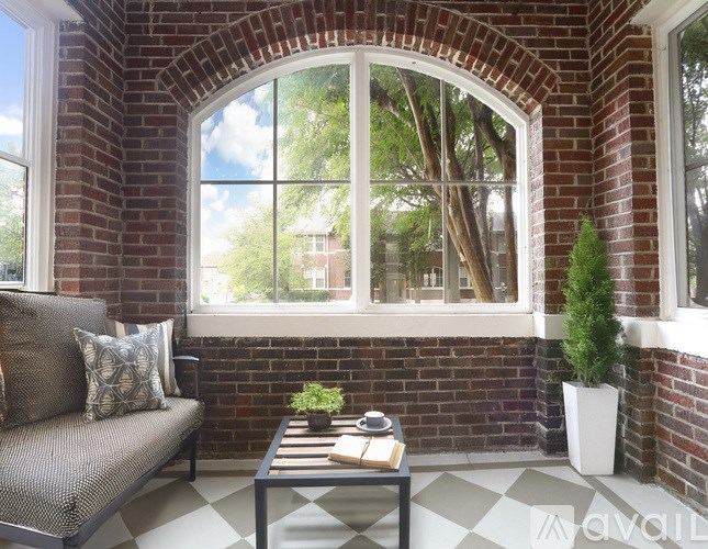 A living room with a couch, a coffee table, and a potted plant.