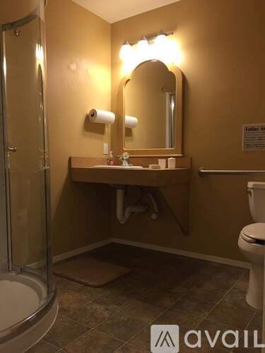 A bathroom with a toilet, sink, and mirror.