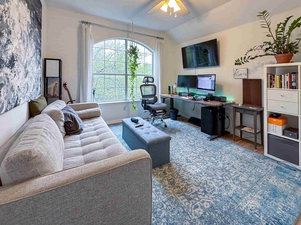 A living room with a couch, a TV, a bookshelf, and a window.