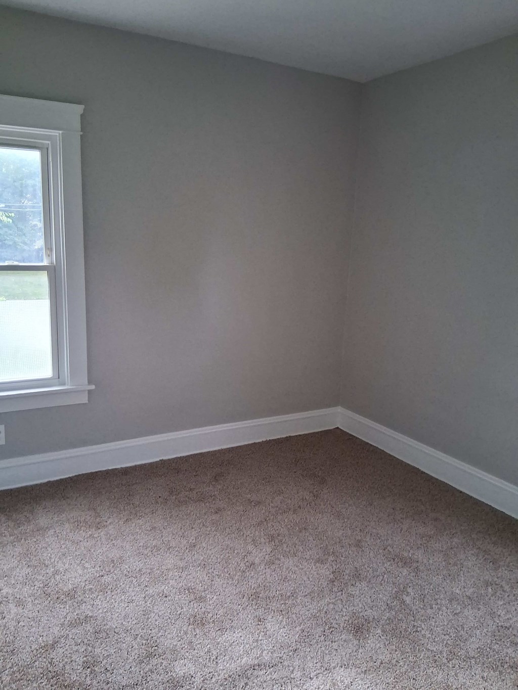 A room with a carpeted floor and a window.