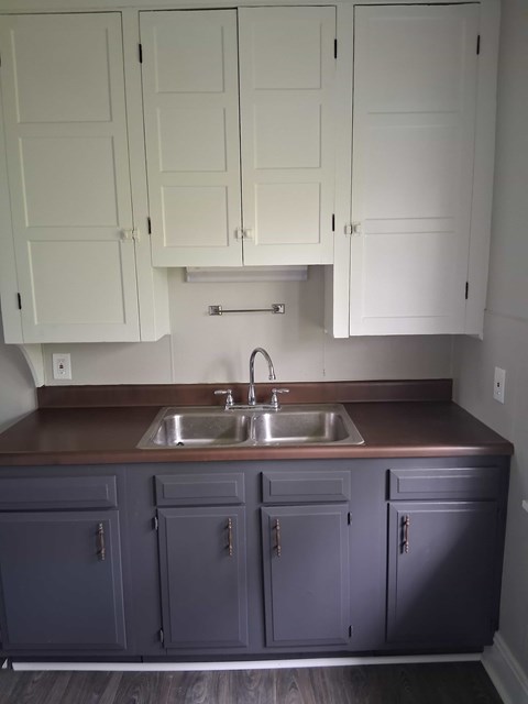 A kitchen with a sink and cabinets.