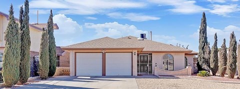 A house with a brown roof and a white garage door is surrounded by trees.
