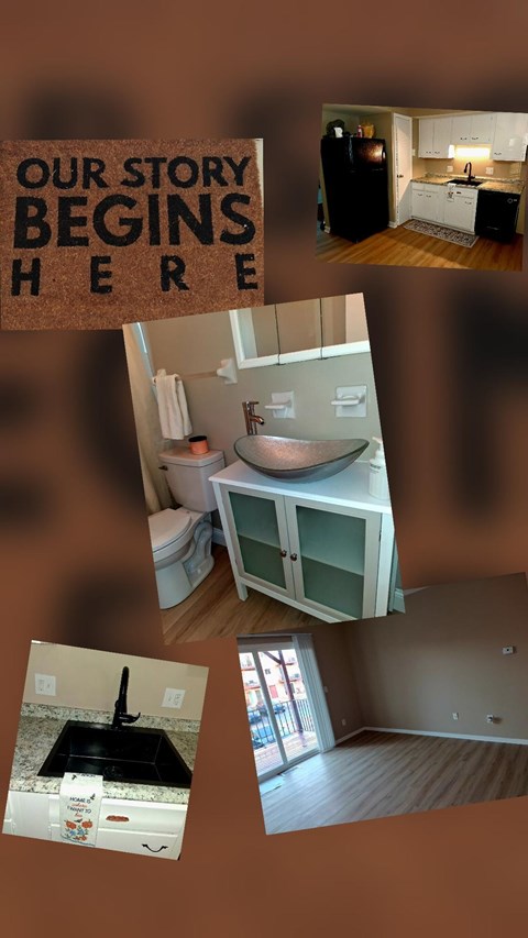 A collage of images showing a kitchen, bathroom, and living room.