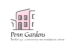 A pink building with the words Penn Gardens and a tagline underneath it.