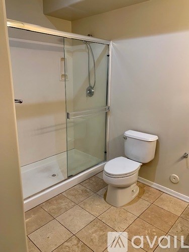 A white toilet in a bathroom with a glass shower door.