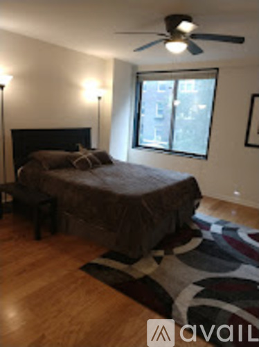 A bedroom with a bed, a rug and a ceiling fan.