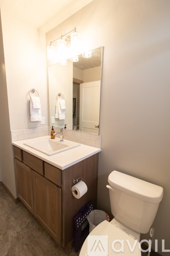 A bathroom with a toilet, sink, mirror and towel rack.